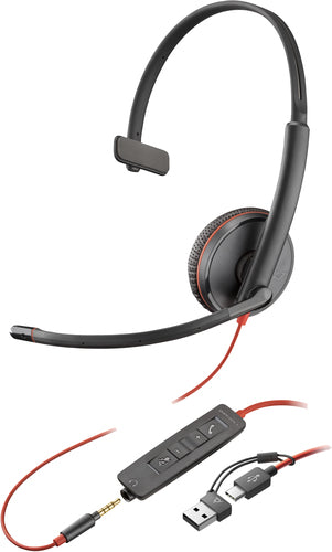 POLY Blackwire 3215 Monaural USB-C Headset +3.5mm Plug +USB-C/A Adapter POLY Blackwire 3215 Monaural USB-C Headset +3.5mm Plug +USB-C/A Adapter